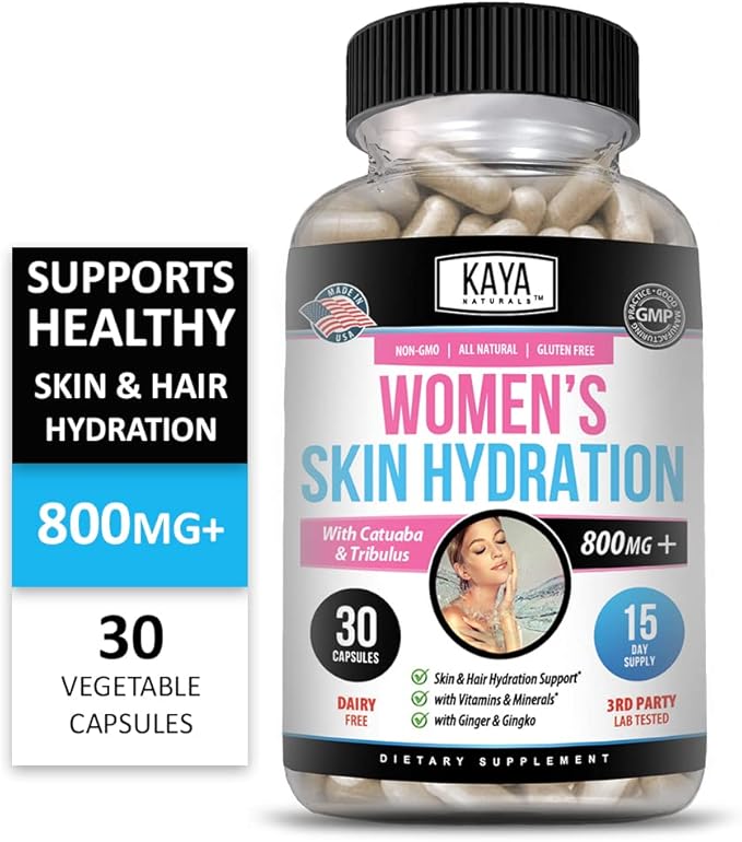 Kaya Naturals Skin Hydration Vitamins - Female Pills - Skin Enhancer Capsules -Hydration Booster for Women - Promotes Increased Energy, Mood & Stamina - Reduction in Dryness - 30 Veggie Capsules