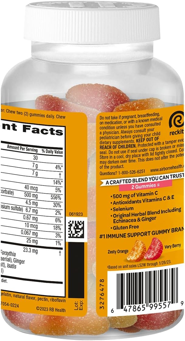 Airborne Kids 500mg Vitamin C Gummies, Kids Immune Support Zinc Gummies with Powerful Antioxidants VIT C & E - 63 Gummies, Assorted Fruit Flavor (Pack of 4)