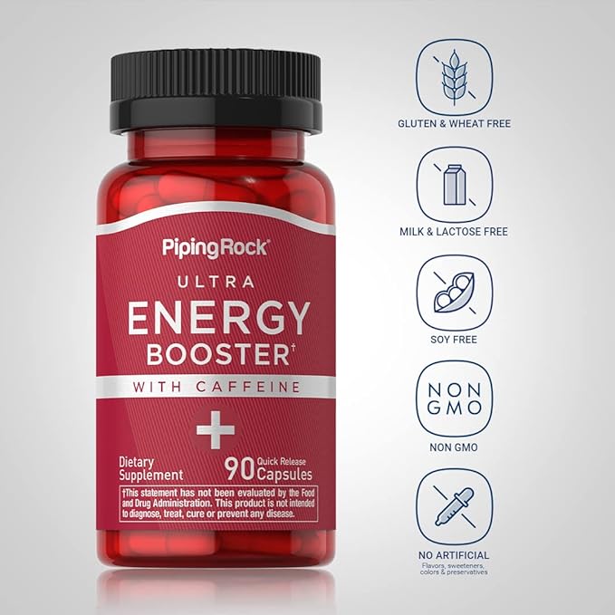 Piping Rock Energy Supplement with Caffeine | 90 Capsules | Quick Release Energy Booster Pills | Non-GMO, Gluten Free Formula