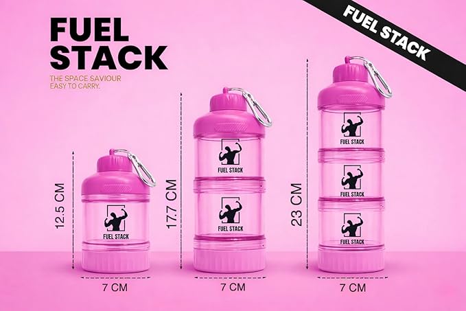 FuelStack Portable Protein Powder Container – Stackable Supplement Storage with Pill Organizer for Gym & Travel (Pink)
