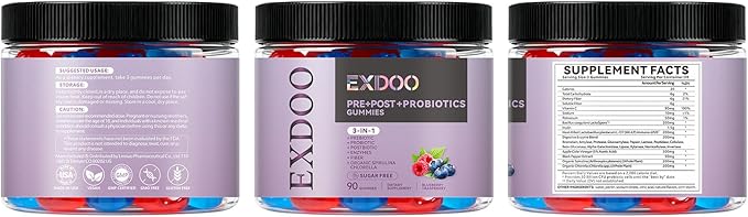 3-in-1 Probiotic Gummies Prebiotic+Probiotic+Postbiotic with Organic Spirulina Chlorella Immune Gut & Digestive Support 90 Count