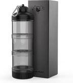 BYLWORKOUT 3 Layers Protein Travel Container with Funnel and Keychain | Cute Protein and Kitchen Storage Containers | Clear Plastic Kitchen Grade Box Organisers for Workout and Travel (Black)