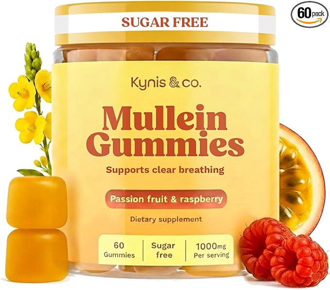 Kynis & co. Mullein Gummies for Overall Wellness – Mullein Leaf Extract, Quercetin, Bromelain, Ashwagandha, Vitamin C & D – Passion Fruit & Raspberry Flavor – 60 Gummies