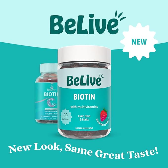 BeLive Biotin Gummies with MultiVitamins, Folate, Inositol – Supports Hair Growth, Healthy Skin & Nails – Vegan, Pectin Based – Strawberry Flavor (1)