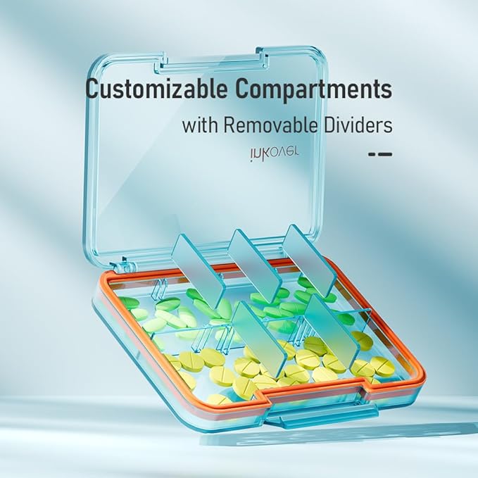 Small Pill Organizer, Waterproof & Portable Pill Case for Daily Travel - Adjustable 7 Compartments Compact Medicine Holder for Vitamins, Pills, Perfect for Purse or Pocket (Blue)