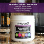 INVIGOR8 Collagen Peptides Powder Hydrolyzed with Vitamin C Type I, II, & III Unflavored Non-GMO Grass-Fed Supplement Supports Joints, Skin, Hair, Nails and Anti-Aging 12.4g