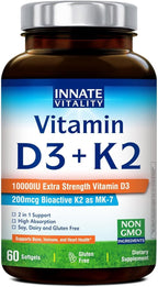Innate Vitality Vitamin D3 K2 Supplement, High Potency Vitamin D3 10000 IU & Vitamin K2 (MK-7) 200 mcg, Supports Bone, Teeth, Heart & Immune Health, Non-GMO, Gluten Free, 60 Softgels