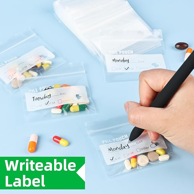Urekt Pill Pouch Bags for Travel (120 Pack), 6 Mil BPA Free Reusable Pill Bags 3 x 2.75 inch for Medicine with Write on Label Clear Ziplock Seal Waterproof AM PM Pill Baggies for Medicine Organizer