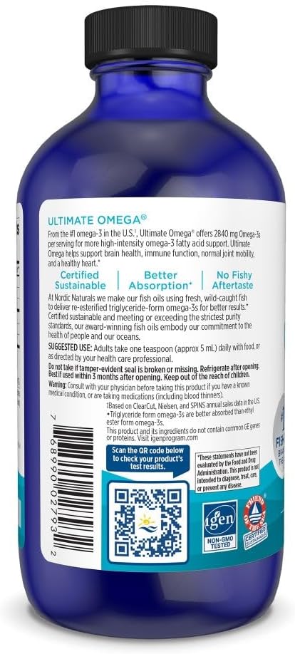 Nordic Naturals Ultimate Omega Liquid, Lemon Flavor - 8 oz - 2840 mg Omega-3 - High-Potency Fish Oil Supplement with EPA & DHA - Promotes Brain & Heart Health - Non-GMO - 48 Servings