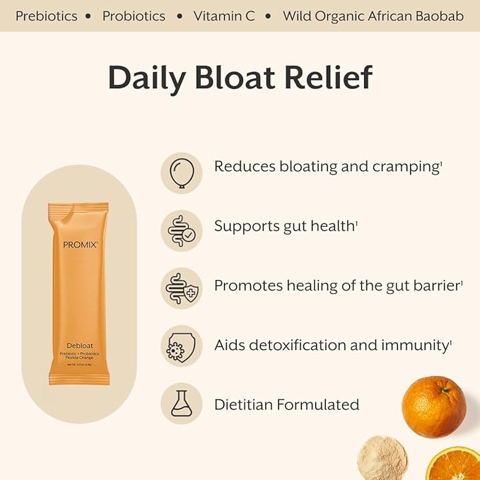ProMix Nutrition Debloat Prebiotics and Probiotics with Baobab - Rich in Vitamin C, Bloating Relief, Immune Support - Orange - 30 Servings (Pack of 30)