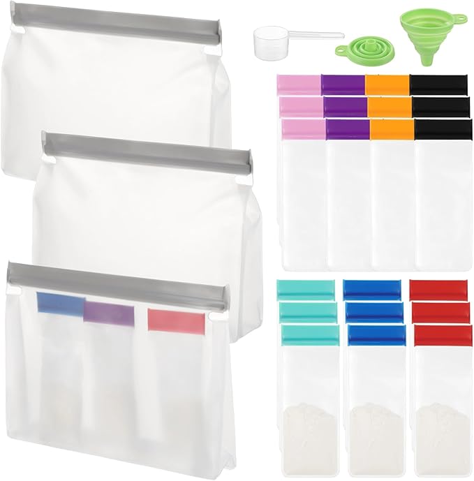 26 Pcs Protein Powder Travel Container Set, Reusable Single-Dose Bags, Portable Supplement Storage Containers, Includes Funnel & Spoon, 2.4 x 6.1 in & 10 x 7.3 x 2 in