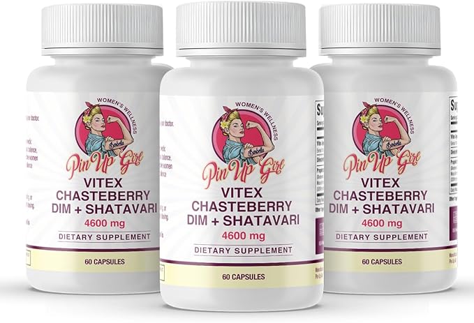 Pin Up Girl Vitex Chasteberry + DIM & Shatavari – Hormonal Balance Supplement for Women – Supports Hormonal Balance, Cycle Health & Reproductive Wellness – 4600mg - 60 Capsules (3-Pack)
