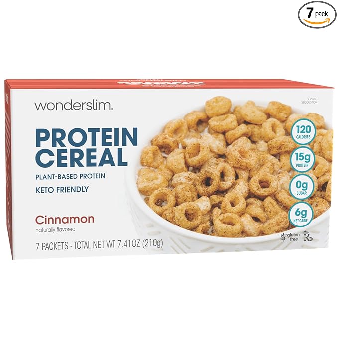 WonderSlim Protein Cereal, Cinnamon, Zero Sugar, Gluten Free, Keto Friendly & Low Carb (7ct)