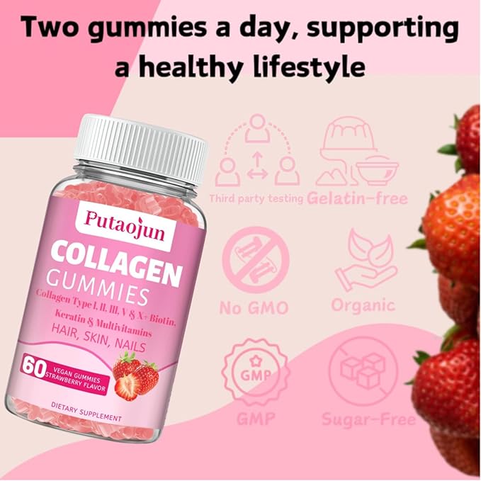 Collagen Gummies | Hair, Skin & Nails Gummies with Biotin, Vitamin C, E, & Zinc | Collagen for Women | Strawberry Flavored | 120 Count
