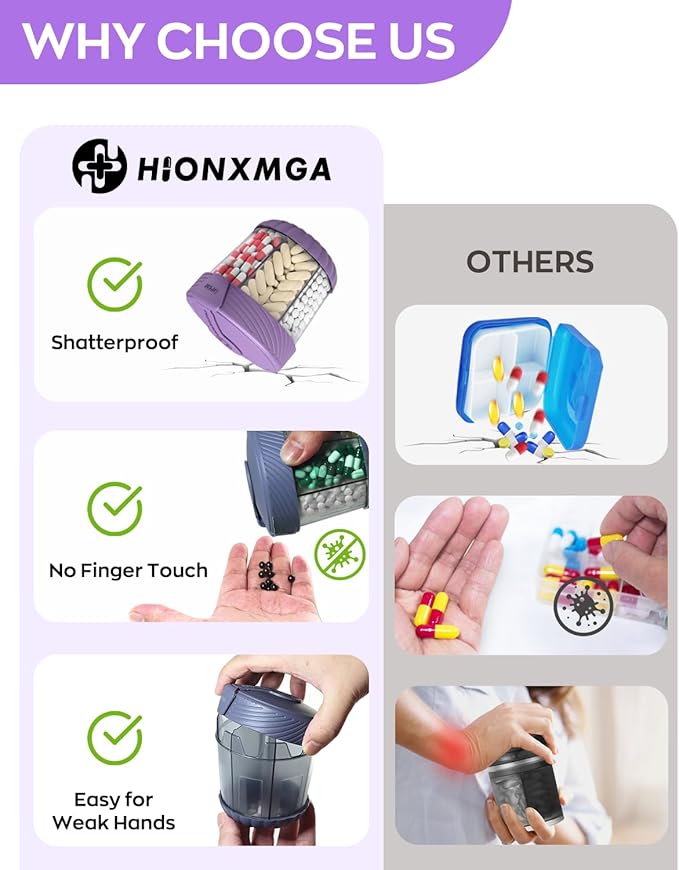 HIONXMGA Cute Pill Dispenser with 7 Large Compartments, Portable Pill Bottle Organizer with Wide Opening for Travel, Anti-Mixing Pill Container, Shatterproof BPA-Free, Includes 20 Pcs Labels, Purple