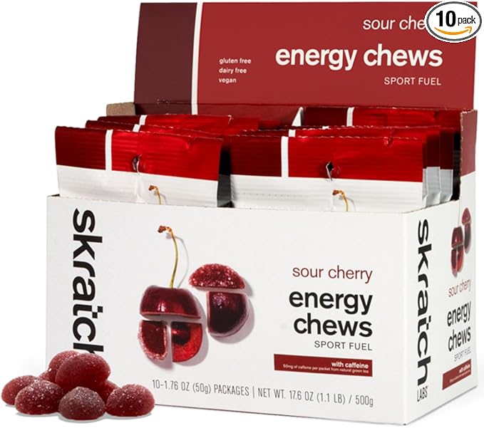 Skratch Labs Energy Chews with 50mg Caffeine | Caffeinated Gummies for Running, Cycling & Endurance Quick Carbs, Easy to Digest | Sour Cherry 10 Pack | Gluten Free, Vegan