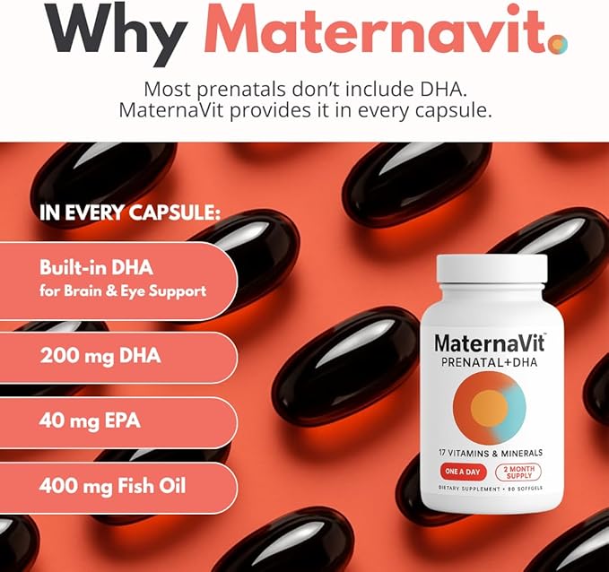 MaternaVit 1 a day Prenatal vitamins for women 2 month: Folic acid, Fish Oil Omega 3 DHA/EPA, Vitamin D3, B6, Vitmain B12, C, E, Calcium, Iron, Magnesium, Zinc supplement FSA eligble multivitamin