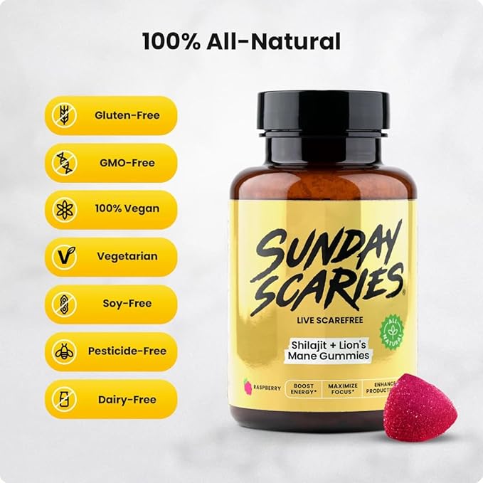 Sunday Scaries® 2-in-1 Shilajit Gummies | 300mg Shilajit + 500mg Lion's Mane Extracts | Highly Rated for Energy & Flow-State Focus | All-Natural, Vegan, Allergen-Free | Natural Raspberry Flavor