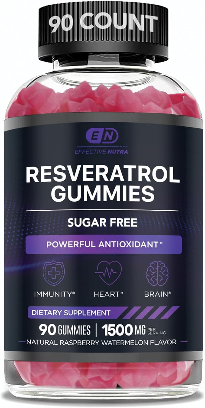 Effective Nutra Resveratrol Gummies 1500mg – Sugar Free Antioxidant Supplement for Heart Health, Immunity & Brain Support – Vegan, Non-GMO, 3rd Party Tested, Raspberry Watermelon, 90 Count