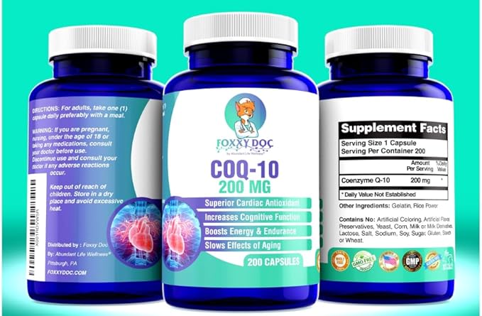 CoQ10 - Co-Enzyme Q10-200 mg -High Absorption - 400 mg per 2 caps - Non-GMO - Gluten Free - 200 Veg. Caps - Heart & Cellular Support - Made in USA by Foxxy Doc