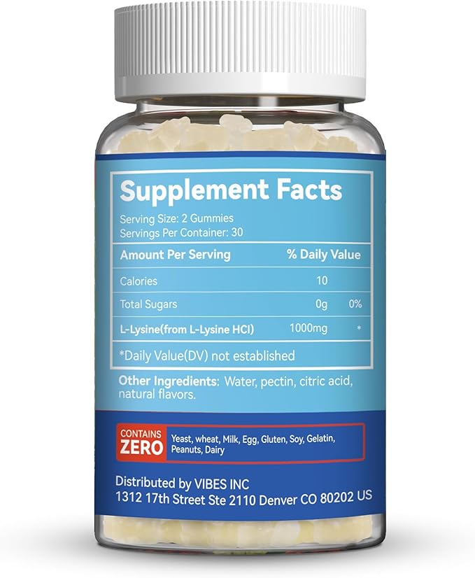 L-Lysine 1000mg Gummies, Chewable Lysine Supplement for Adults, Immune Support, Collagen Formation Support, Vegan, Gluten Free - 60 Counts