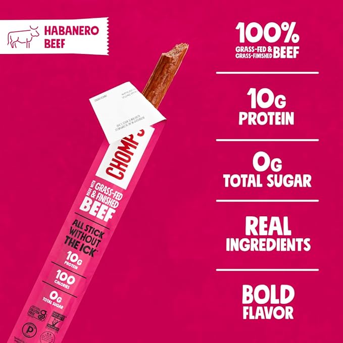 Chomps Grass-Fed and Finished Spicy Habanero Beef Jerky Snack Sticks 24-Pack - Keto, Paleo, Whole30, 10g Lean Meat Protein, Gluten-Free, Zero Sugar Food, Non-GMO
