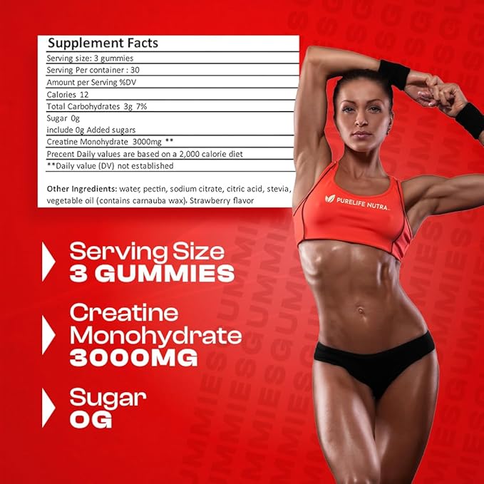 Creatine Monohydrate Gummies - 3g Serving, Sugar Free, 90 Count, Non-GMO, Designed for Men & Women, Gluten Free, Non Bloating - Vegan, Halal, Kosher. (90 Units, Strawberry)
