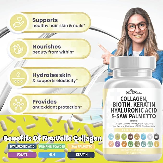 16 in 1 Collagen Supplement - Peptides Types I,II,III & V with Biotin, Keratin, Hyaluronic Acid, Saw Palmetto, Vitamins C & E, Apple Cider Vinegar & PABA - Nail Skin & Hair Health Support Capsules