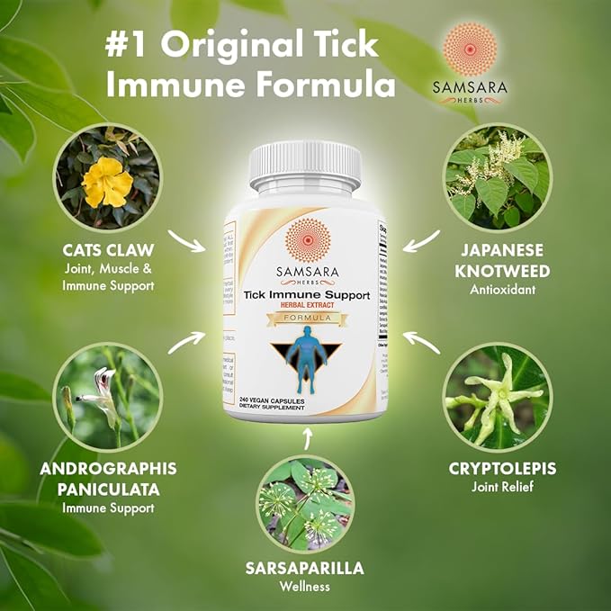 Samsara Herbs Tick Immune Support - Japanese Knotweed, Cats claw, Andrographis, Cryptolepis, Sarsaparilla, Resveratrol, Tick Bite Support 240 Capsules