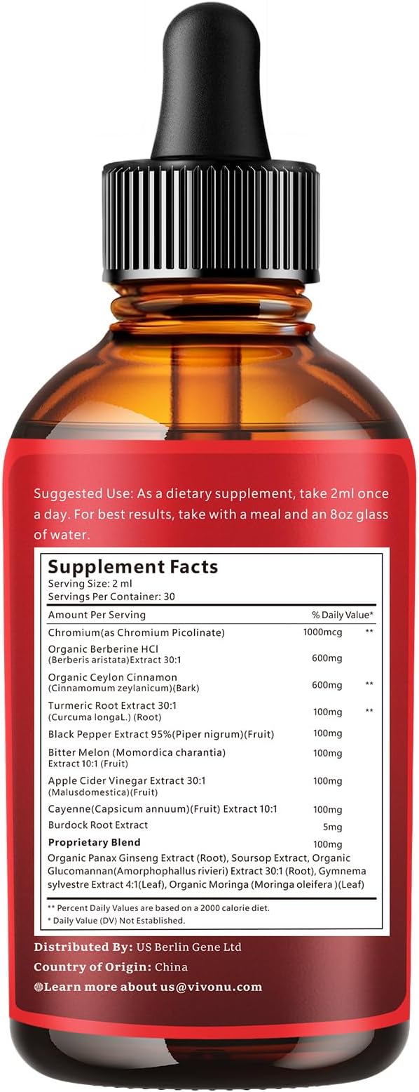 14-in-1 Berberine with Ceylon Cinnamon Supplement Liquid Drops, 1800mg + 30:1 Liposomal Tech with Cayenne Pepper, Soursop, Chromium, Bitter Melon, Turmeric, Moringa, Gymnema, Glucomannan, GLP Support
