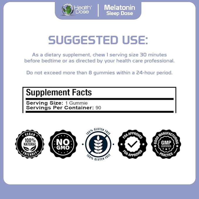 Health Dose Melatonin 6 mg Extra Strength Gummy, Pre-Bedtime Supplement for Restful Sleep, Adults, 90 Gummies, Mixed Berries Flavor Pack of 2.