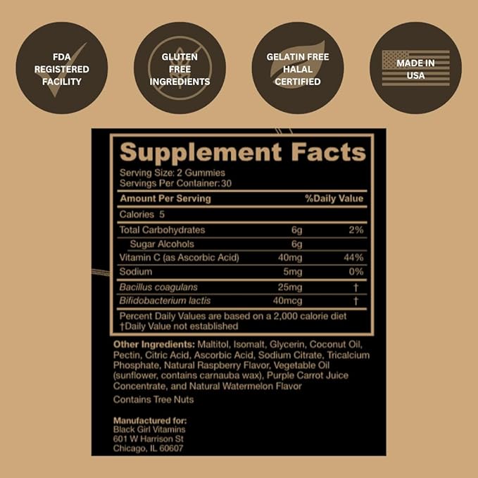 Black Girl Vitamins - Probiotic Gummies for Digestive Health and Immune Support, Gluten-Free Vitamins, (Raspberry-Watermelon), 60ct