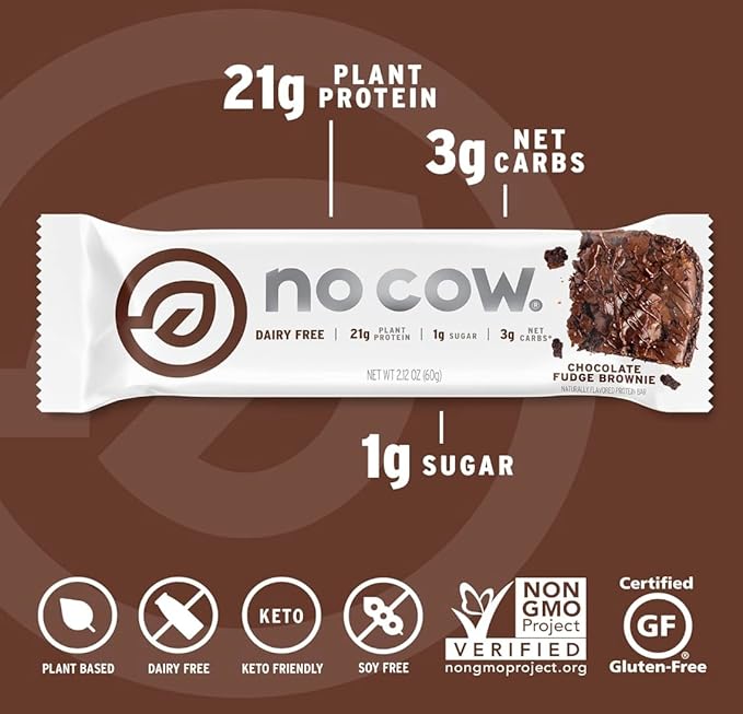 No Cow Vegan Protein Bars, Upgraded Original Variety Pack | 20g Plant Based Protein, Gluten Free, Dairy Free, Soy Free, Keto Friendly, Low Sugar, High Fiber Snack Bars | Pack of 12