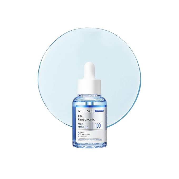 WELLAGE Real Hyaluronic Blue Ampoule 100, Korean Skincare, Fragrance Free Hyaluronic Acid Serum with Panthenol, Wild yam, Centella for Sensitive Dry Skin Moisturizer 1.01 fl.oz