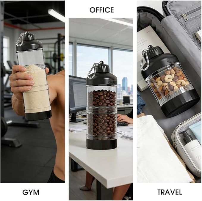 3-Layer Protein Powder Container with Funnel & Keychain, 50g Capacity Portable Supplement Dispenser, Leakproof Clear Stackable Organizer for Gym Travel Workout, BPA-Free Plastic (Black)