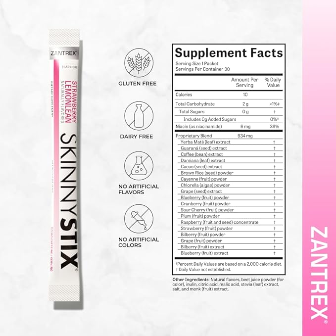 Zantrex SkinnyStix Strawberry Lemonade GLP-1 Support Drink Mix, Energy & Metabolic Support Powder, Appetite Control, 30 Single-Serving Packets