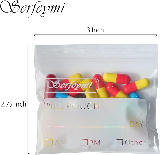 Serfeymi Pill Bags for Travel Pill Pouch Organizer Pack of 400 BPA Free 3 x 2.75 inch Reusable Pill Pouches for Medicine with Write on Label & Zipper Seal Waterproof AM PM Pill Baggies for Supplements
