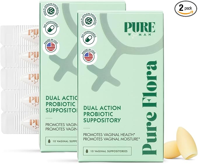 Pure Flora Vaginal Probiotic Suppository - 4 Strain Lactobacillus + Lactoferrin + USP Hyaluronic Acid - Promotes Healthy Vaginal Microbiome, Odor, BV, pH Balance, & Dryness Relief - Natural - 20 Count