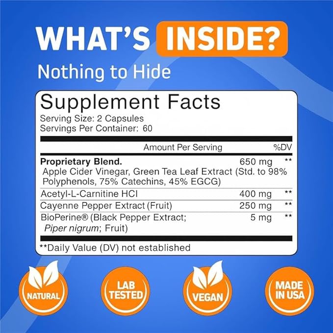 Herbtonics Thermogenic Supplement | Metabolic Health & GLP-1 Support for Men & Women | Clean Energy & Mental Focus | ACV, Green Tea Extract & Caffeine | 120 Veg Capsules