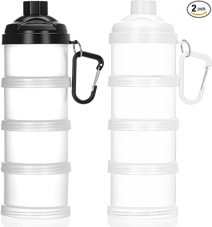 Baderke 2 Pcs Protein Powder Travel Container with Funnels Stand, 4 Layers Stackable Travel Powder Container Formula Supplement Organizer Storage Holder for Workout Fitness(Black, White)