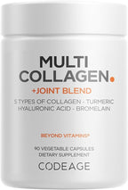Codeage Multi Collagen Protein + Joint Blend Supplement, Hyaluronic Acid, Bromelain, Turmeric, Ginger, Boswellia, Astaxanthin - Hydrolyzed Bovine Collagen - 5 Collagen Types - Non-GMO - 90 Capsules