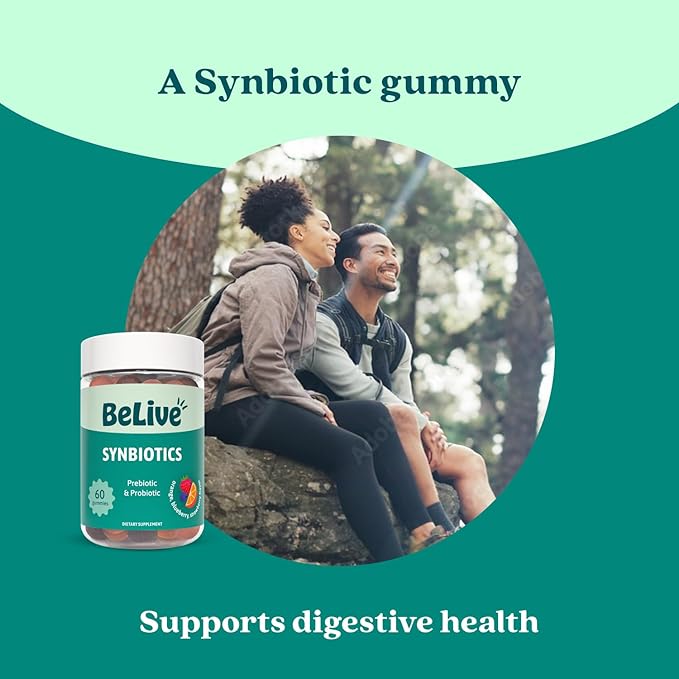 BeLive Synbiotics - Probiotic & Prebiotic Fiber Gummies – High Strength Inulin (3g), Dietary Fiber Supplement, Digestive Support for Kids & Adults - Strawberry, Orange, Blueberry Flavor (60Ct)
