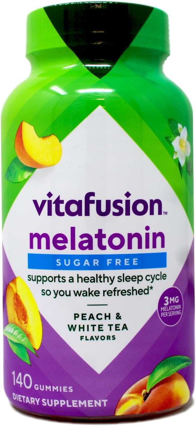Vitafusion 3 mg Melatonin Gummy Supplement, Awake Refreshed, Sleep Support & Jet Lag Aid, Sugar-Free, Dietary Supplement, Natural White Tea & Peach Flavors, 140 Count (Pack of 2)