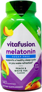 Vitafusion 3 mg Melatonin Gummy Supplement, Awake Refreshed, Sleep Support & Jet Lag Aid, Sugar-Free, Dietary Supplement, Natural White Tea & Peach Flavors, 140 Count (Pack of 2)