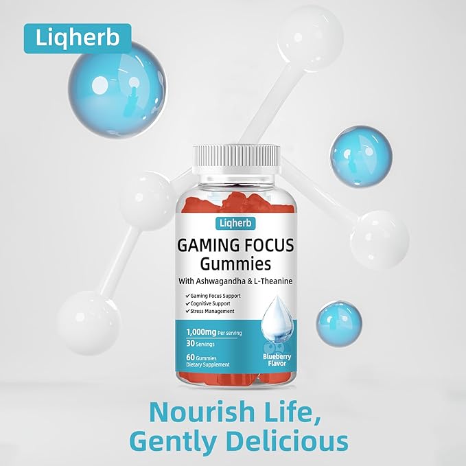 Focus Gummy for Gaming: with L-Theanine, Ashwagandha & Taurine, Stress Relief, Energy & Focus, for Gamers & Pros, Caffeine-Free, Sugar-Free Blueberry Flavor, Vegan, Non-GMO, Gluten Free, 60