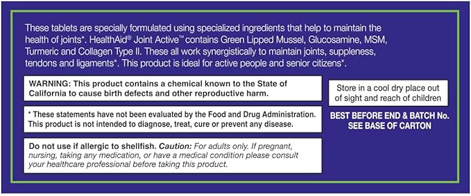 Healthaid Jointactive, 60 Ct, Prolongued Release, A Flexible Body at Any Age, Green Lipped Mussel, with Glucosamine, Chondroitin Tumeric, MSM, Collagen.