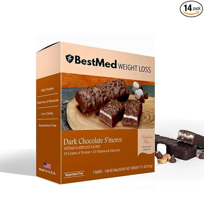 BestMed - High Protein Nutrition Bar - Low-Carb, 15g Protein, Low Sugar, High Fiber, Low Calorie, Meal Replacement Bar (Dark Chocolate S'mores, 2 Box - 14 Count)