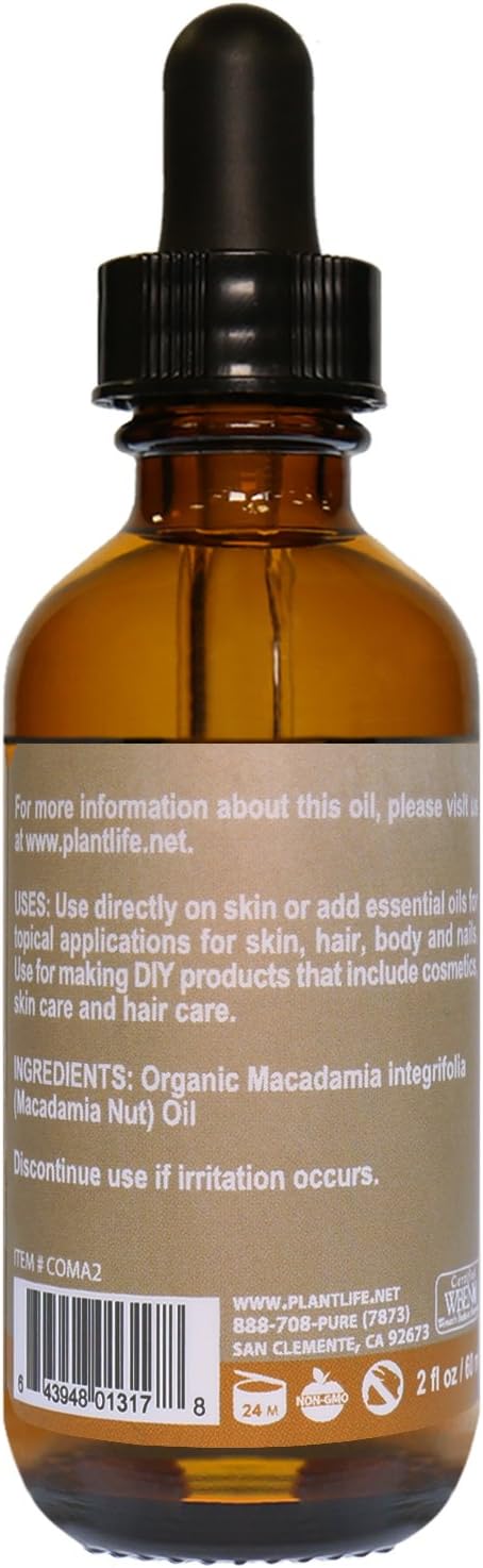 Plantlife Macadamia Nut Carrier Oil - Cold Pressed, Non-GMO, and Gluten Free Carrier Oils - For Skin, Hair, and Personal Care - 2 oz