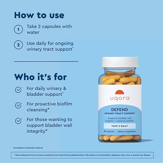 Uqora Defend - Urinary Tract Health Supplement - Support Bladder Health & Cleanse Biofilm* with D-Mannose, Green Tea Extract, Turmeric Extract & More - Gluten-Free - 60 Capsules (30-Day Supply)