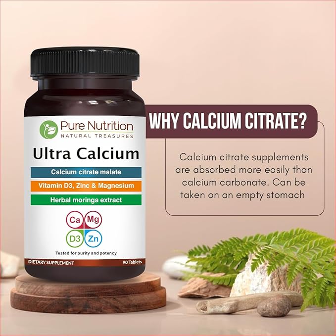 Pure Nutrition Ultra Calcium 1000mg with VIT D3 + K2 | 90 Tab | Calcium Supplement with Calcium Citrate Malate, VIT D3, K2, Moringa Oleifera, Magnesium and Zinc.